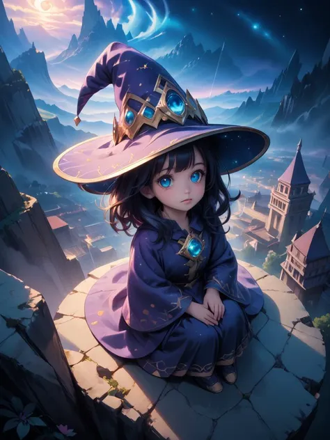 score_9, score_8_up, score_7_up,
intricate details, extreme detail,
very aesthetic, abstract, surreal,
extreme contrast,
colorful,
the most adorable,
(Solo:1.4), detailed eyes, (very close-up on eyes), side of face,
solo, female, cute, baggy wizard robe, wizard hat, baggy long sleeves,
nighttime, night,
sitting, view from above,
sparkling, cliff side, over a city,
Detailed face, beautiful, Expressive,
<lora:Painted_World_-_Pony:0.8>