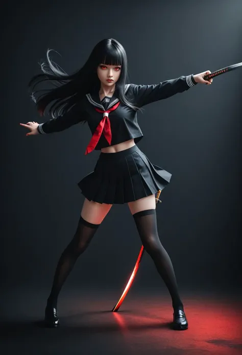 masterpiece, best quality, highres, very aesthetic, 1girl, solo, holding katana, dynamic pose, action pose, red eyes, black hair, long hair, straight hair, blunt bangs, hime cut, school uniform, black serafuku, black thighhighs, red tie, partially colored, limited palette, flat color, dark background
