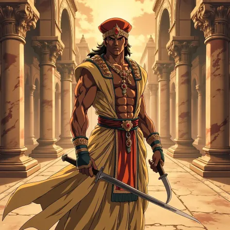 egmid, full body character portrait, in a majestic desert palace filled with marble statues and fountains. The character is a desert prince with flowing robes and a jeweled turban, holding a curved dagger in one hand.