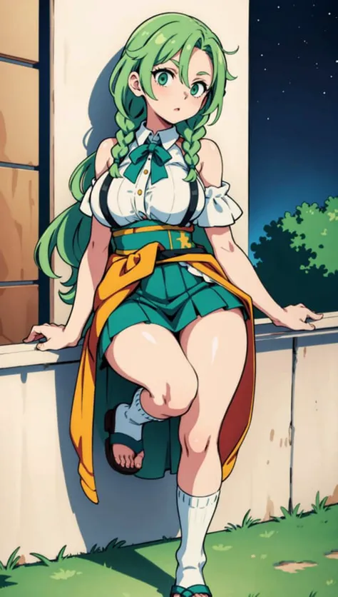 masterpiece, best quality, 1girl, large breasts, shoulder sash, overall skirt ,
clog sandals, loose socks, savannah, evening, standing on one leg, light green hair , green eyes, colored tips, single hair intake, long hair, tri braids