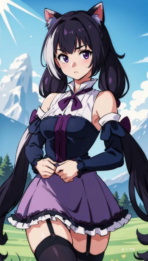 (masterpiece:1.4), (best quality:1.4), realistic, 1girl, BREAK, <lora:karyl_v1:1> karyl, black thighhighs, blue sleeves, bow, detached sleeves, frilled skirt, frills, garter straps, hair bow, long sleeves, low twintails, purple skirt, red bow, sleeveless shirt, white shirt, wide sleeves, BREAK, outdoors, grass, sunlight, mountain, tree,