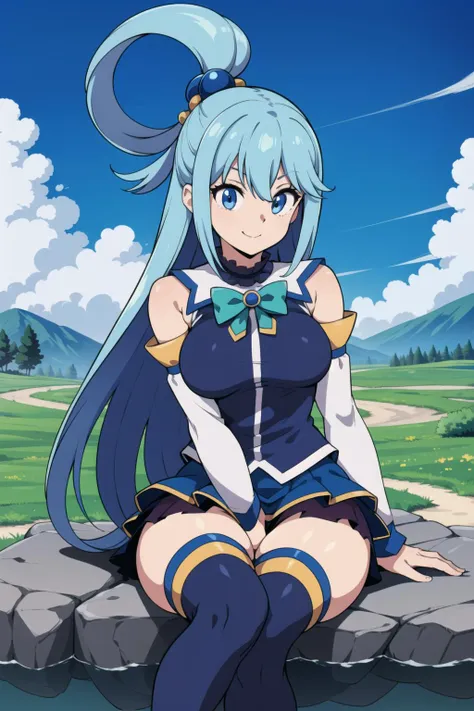 (masterpiece,vibrant,detailed,highres)  <lora:aqua_konosuba-000035:0.6> aqua \(konosuba\)  blue eyes, blue footwear, blue hair, blue thighhighs, boots, breasts, bubble, white detached sleeves, hair ornament, hair rings, long hair, medium breasts, single hair ring, skirt, solo, thigh boots, thighhighs, very long hair, white thighhighs, kono subarashii sekai ni shukufuku wo!, smile, grassland, dilapidated castle and creek in distant, blue sky, sitting on a rock