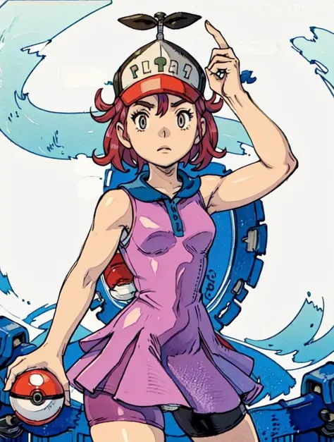 (watercolor painting from final fantasy tactics:1.2), dress, bike shorts, sleeveless, purple dress, (propeller, baseball cap:1.2), hat, shorts under dress, sleeveless dress, black headwear, bangs, bare arms, holding pokeball, vivid colors, (yoshida akihiko:1.3) <lora:KeksandraClover:1> <lora:akihikoYoshidaBravelyDefault_1:.6>