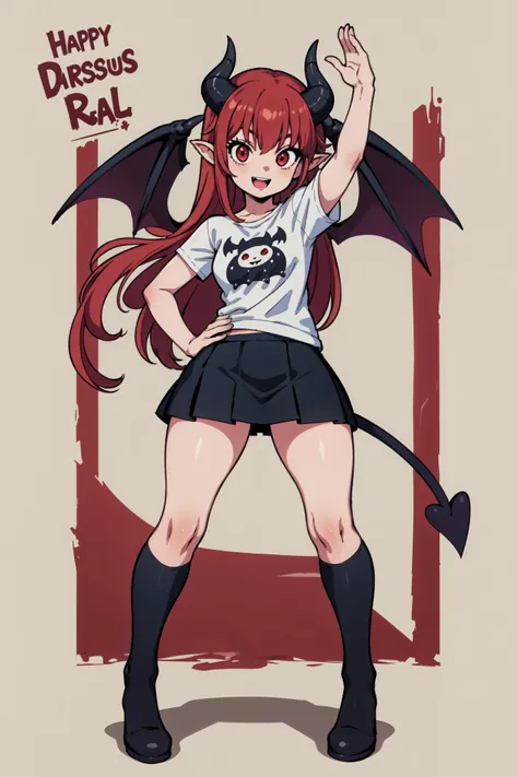 absurdres, 1girl, red eyes, solid eyes, long hair, wide-eyed, eyelashes, looking at viewer, concept art, skinny, full body, t-shirt, bat wings, posing, succubus, demon horns, skirt, high five, happy, demon tail, cover, (:D:1.0), upper teeth only