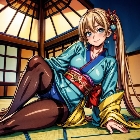 professional cinematography, official art, ultra-detail, high resolution, full body view, hdr, vivid color, computer enhanced, warm colors, hdr, vivid color, computer enhanced, ultra-detailed eyes, ultra-detailed face,
high quality, masterpiece, realistic lighting, harsh shadows, (perfect face), seductive smile, skin skin tight, pantyhose, twintails,
mature female, 1women, kimono, golden/blue ornament, standing, spread legs, morning sun with japanese temple in background,
<lora:more_details:1>
