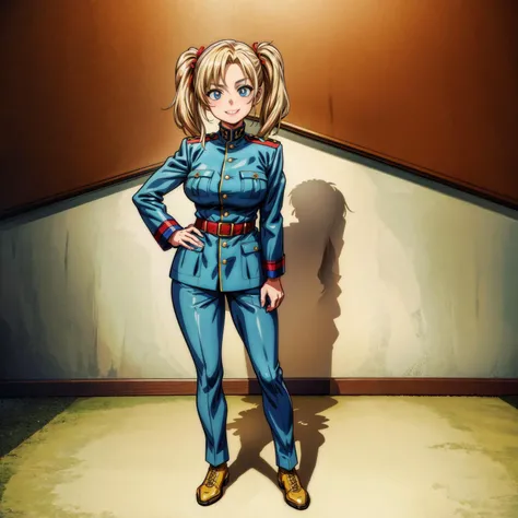 professional cinematography,  official art, official wallpaper,  ultra-detail, high resolution, full body view,  hdr, vivid color, computer enhanced, warm colors, hdr, vivid color, computer enhanced, ultra-detailed eyes, ultra-detailed face,

sfw, high quality, masterpiece, realistic lighting, harsh shadows, (perfect face),  seductive smile, twintails,

solo, mature female, 1women, german military uniform, golden/blue ornament,  standing, comman center in  background,

<lora:more_details:1>