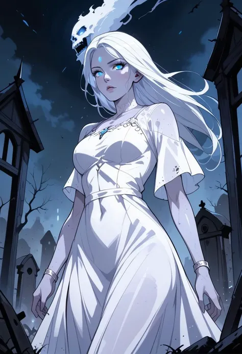 BREAK score_9, score_8_up, score_7_up, night, graveyard, ominous, horror, fog, mysterious, ghost woman, floating, beautiful long white dress, pale skin, long hair, blue eyes, glowing eyes, low angle, cold expression
(masterpiece, best quality, ultra detailed, intricate details:1.2), dynamic lighting