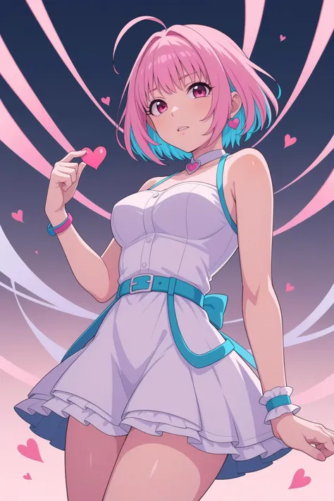 score_9, score_8_up, score_7_up,
multicolored hair,parted lips,sleeveless dress,yumemi riamu,thighs,bare shoulders,solo,highres,dddd akagi,aqua belt,dress,idolmaster cinderella girls starlight stage,two-tone hair,heart,pink eyes,idolmaster,short hair,frills