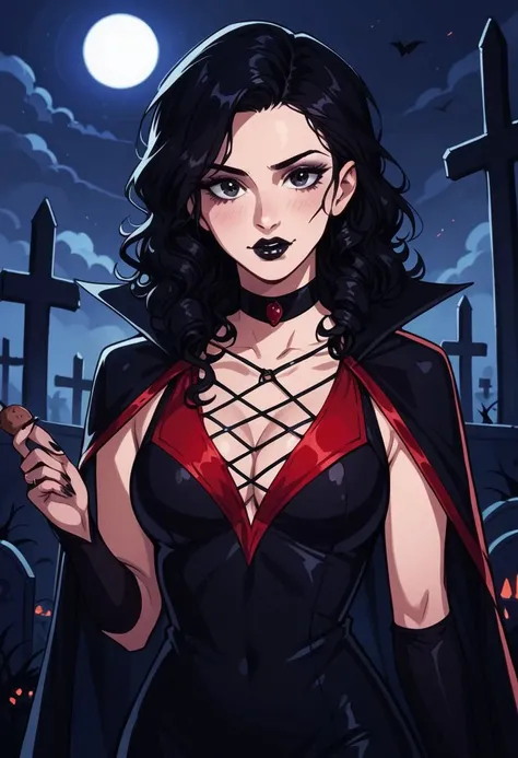 score_9, score_8_up, score_7_up, score_6_up, score_5_up, score_4_up, 1girl, long black curly hair, makeup, solo, hud_sxyw1tch2, black dress, red dress, cleavage, black bridal gauntlets, choker, lipstick, black nails, see-through black cape, upper body <lora:hud_sxyw1tch2_XLP2:0.7> , night, outdoors, graveyard, trick or treat,