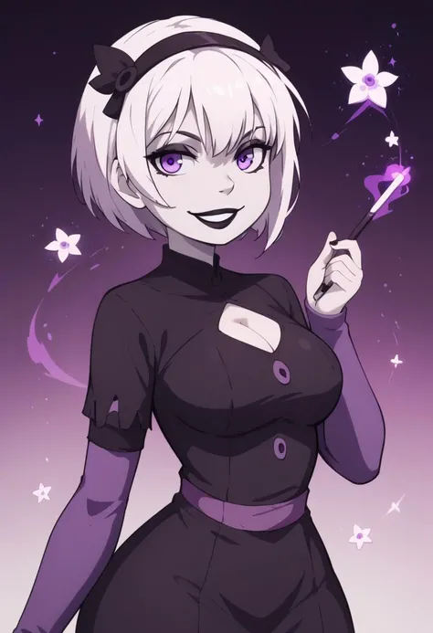 score_9, score_8_up, score_7_up, score_6_up, g0thicPXL, 1girl, 1girl, solo, goth girl, very pale skin, eyeliner, eyeshadow, purple eyes, white hair, short hair, hairband, black lips, seductive smile, pretty face, long purple sleeves, shirt, rosedress, sexy pose, smile, grin, cute, sexy pose, lewd expression, wide hips, big breasts, standing, white wand in hand, magic effects background