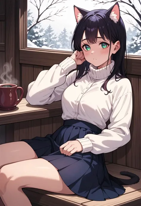 score_9, score_8_up, score_7_up, 1girl,detailed face, perfect face, detailed eyes,
Shy face, blouse, skirt, sitting on the windowsill, hot tea in her hands, winter background, cat sleeping on the windowsill