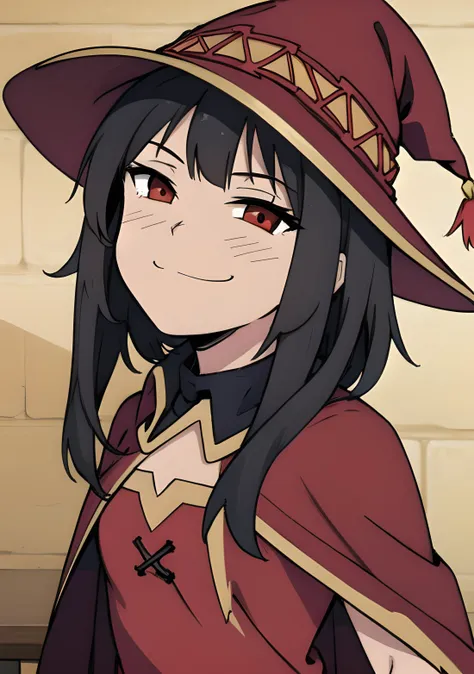 highest quality, extremely detailed, 4k,
1girl, pretty face, 
 <lora:megumin:0.42> megumin, short hair, short hair with long locks, bandaged leg, black hair, witch hat, red dress, skirt, cape,
 <lora:smug face meme:0.8> smug