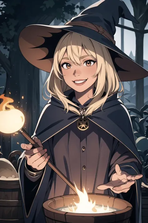 best quality, dramatic lighting, scary, smile, 1girl, (solo focus), brown skinned, blonde hair, blunt bang, (witch, symbol, witchcraft), cauldron, wood, <lora:add_detail:0.3> <lora:mix4:0.5>