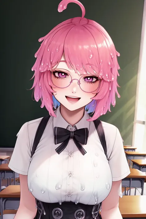 ((((sae)))), (slime girl), (((slime hair))), 1girl, breasts, solo, bow, pink hair, ((ahoge)), glasses, smile, medium-large breasts, black bow, short hair, blush, shirt, open mouth, bowtie, black bowtie, looking at viewer, monster girl, indoors, classroom, short sleeves, collared shirt, pink eyes, round eyewear, suspenders, purple eyes, white shirt, high-waist skirt, ;d, pink hair, multicolored hair, skirt, bangs,  <lora:Sae:0.7>, ((detailed background)), ((((mature face)))), leggings, school desk,