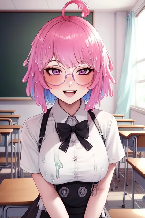 ((((sae)))), (slime girl), (((slime hair))), 1girl, breasts, solo, bow, pink hair, ((ahoge)), glasses, smile, medium-large breasts, black bow, short hair, blush, shirt, open mouth, bowtie, black bowtie, looking at viewer, monster girl, indoors, classroom, short sleeves, collared shirt, pink eyes, round eyewear, suspenders, purple eyes, white shirt, high-waist skirt, ;d, pink hair, multicolored hair, skirt, bangs,  <lora:Sae:0.7>, ((detailed background)), ((((mature face)))), leggings, school desk,