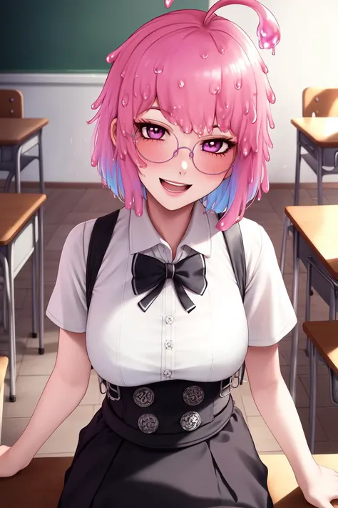 ((((sae)))), (slime girl), (((slime hair))), 1girl, breasts, solo, bow, pink hair, ((ahoge)), glasses, smile, medium-large breasts, black bow, short hair, blush, shirt, open mouth, bowtie, black bowtie, looking at viewer, monster girl, indoors, classroom, short sleeves, collared shirt, pink eyes, round eyewear, suspenders, purple eyes, white shirt, high-waist skirt, ;d, pink hair, multicolored hair, skirt, bangs,  <lora:Sae:0.7>, ((detailed background)), ((((mature face)))), leggings, school desk,