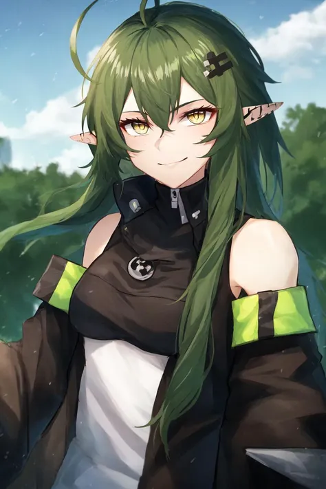 <lora:Gavial:0.8>, gavial, 1girl, solo, green hair, yellow eyes, upper body, jacket, smile, looking at viewer, pointy ears, black jacket, sidelocks, hair between eyes, long sleeves, ahoge, long hair, hair_ornament:0.3, black jacket, bare shoulders, detached sleeves, outdoors,
