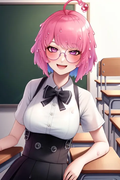 ((((sae)))), (slime girl), (((slime hair))), 1girl, breasts, solo, bow, pink hair, ((ahoge)), glasses, smile, medium-large breasts, black bow, short hair, blush, shirt, open mouth, bowtie, black bowtie, looking at viewer, monster girl, indoors, classroom, short sleeves, collared shirt, pink eyes, round eyewear, suspenders, purple eyes, white shirt, high-waist skirt, ;d, pink hair, multicolored hair, skirt, bangs,  <lora:Sae:0.7>, ((detailed background)), ((((mature face)))), leggings, school desk,