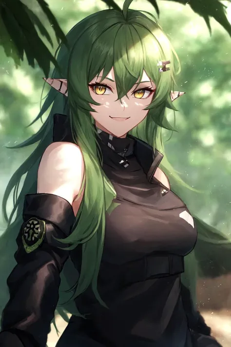 <lora:Gavial:0.8>, gavial, 1girl, solo, green hair, yellow eyes, upper body, jacket, smile, looking at viewer, pointy ears, black jacket, sidelocks, hair between eyes, long sleeves, ahoge, long hair, hair_ornament:0.3, black jacket, bare shoulders, detached sleeves, outdoors,