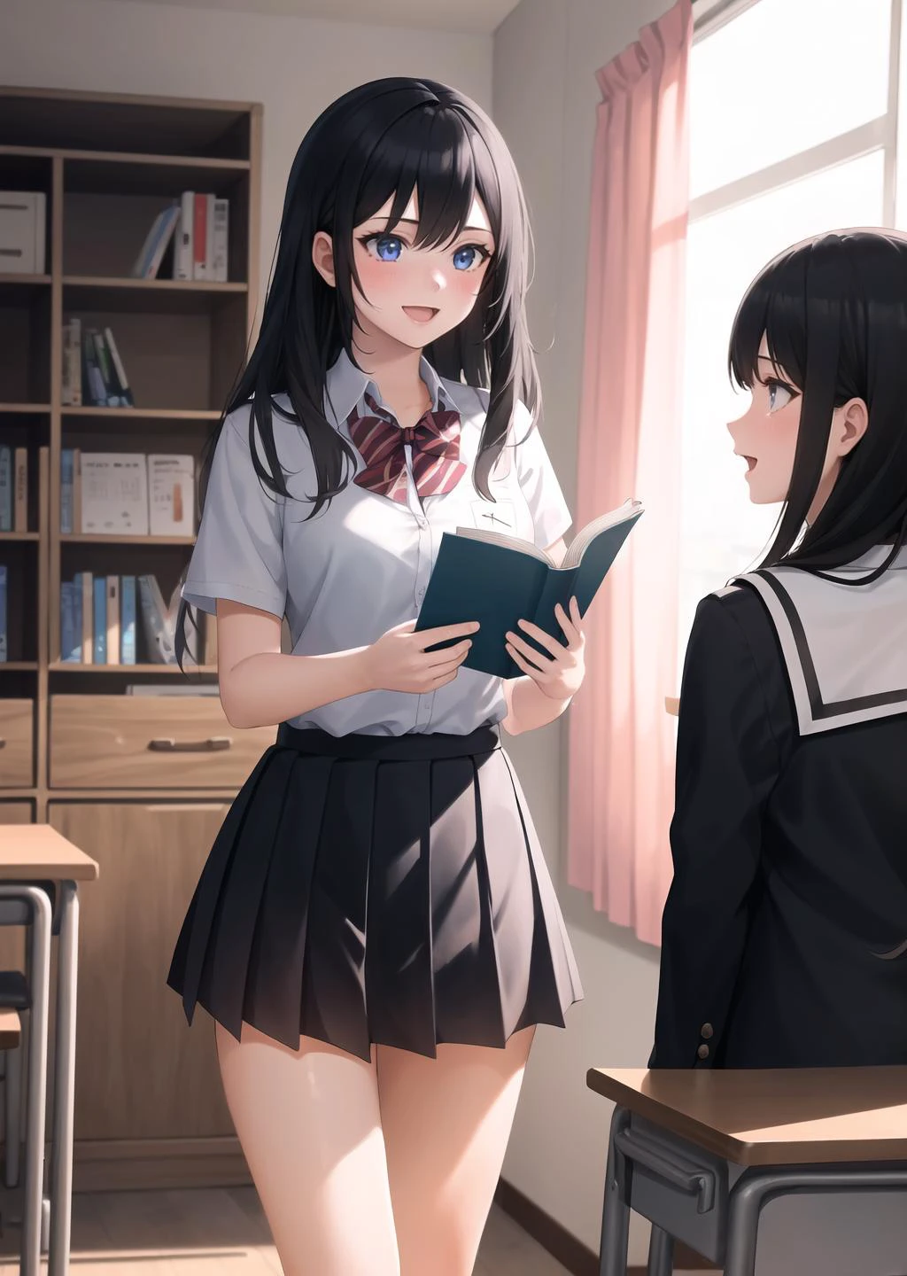 (multiple_girls:1.5),(student:1.2),,fair_skin,school_uniform,:d,running,pushing,reading,day,indoor,school,classroom,school_desk,casement window,blackboard,podium,cupboard,bookshelf,a bag,book,clear day,curtains,, masterpiece,best quality,highly detailed,Amazing,finely detail,extremely detailed CG unity 8k wallpaper,score:>=60,, beautiful detailed eyes,Fine hair texture,, Cinematic Lighting,rim light,available light,light leaks,depth_of_field,blurry,