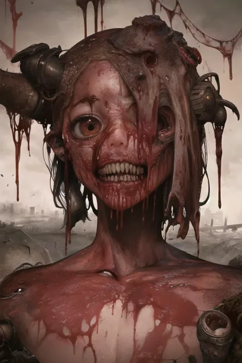 (best quality, masterpiece1.2), blood, horror, (eldritch abomination), wasteland, landscape, grotesque, gore, guro, blood splatter, unique, experimental, original, colorful