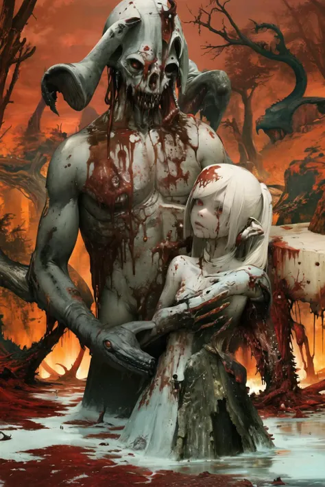 (best quality, masterpiece1.2), blood, horror, (eldritch abomination), wasteland, landscape, grotesque, gore, guro, blood splatter, unique, experimental, original, colorful
