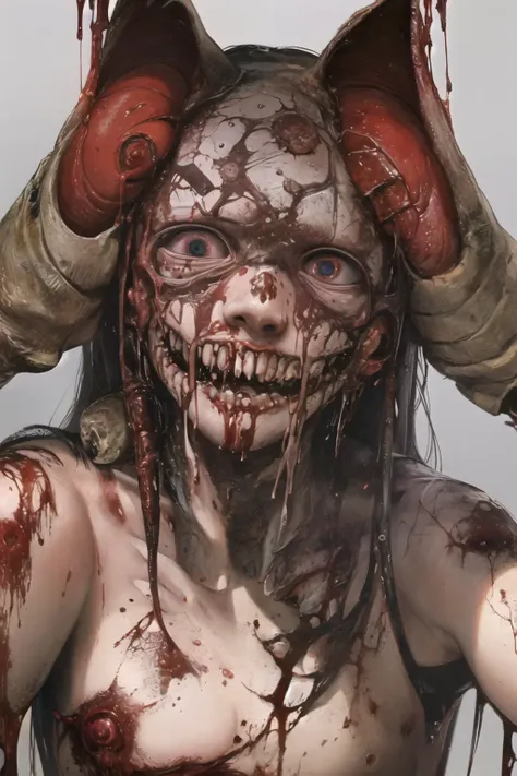 (best quality, masterpiece1.2), blood, horror, (eldritch abomination), wasteland, landscape, grotesque, gore, guro, blood splatter, unique, experimental, original, colorful
