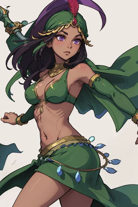 (masterpiece),(best quality),1girl, <lora:shamshirZektbach:0.6>, shamshir, long hair, purple eyes, dark-skinned female, green dancer clothes, hat feather,Persian Scimitar