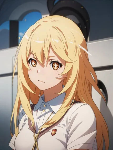 <lora:misaki_V2:0.7>,shokuhou_misaki,upper body,+_+,symbol-shaped_pupils,blonde_hair,sparkling_eyes, school_uniform,short_sleeves,looking at viewer,