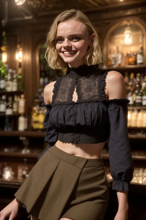 <lora:RNR-Charlotte:0.7> RNR-Charlotte, mid-body photo of a 18yo girl,wearing crop top,low-waist skirt,short blonde hair,goth emo,in a victorian bar, perfect brown iris,laughing,looking at camera,at night,photorealistic,extreemly detailed,intricate,film grain,HDR, 8k,hyper realistic,cinematic lighting,photography