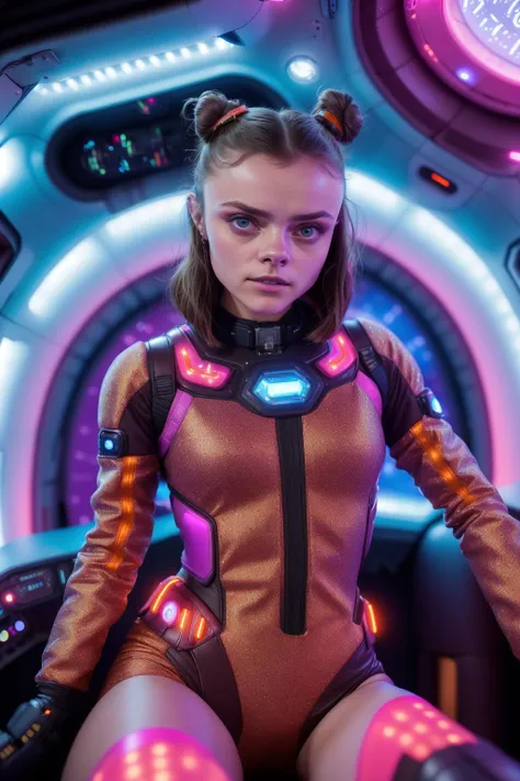 <lora:RNR-Charlotte:0.7> RNR-Charlotte, full-body photo of a 18yo girl,wearing kawaii colorful,bun brunette hair,in a spaceship, perfect brown iris,kinky smirk,looking at camera,at night,photorealistic,extreemly detailed,intricate,film grain,HDR, 8k,hyper realistic,cinematic lighting,photography