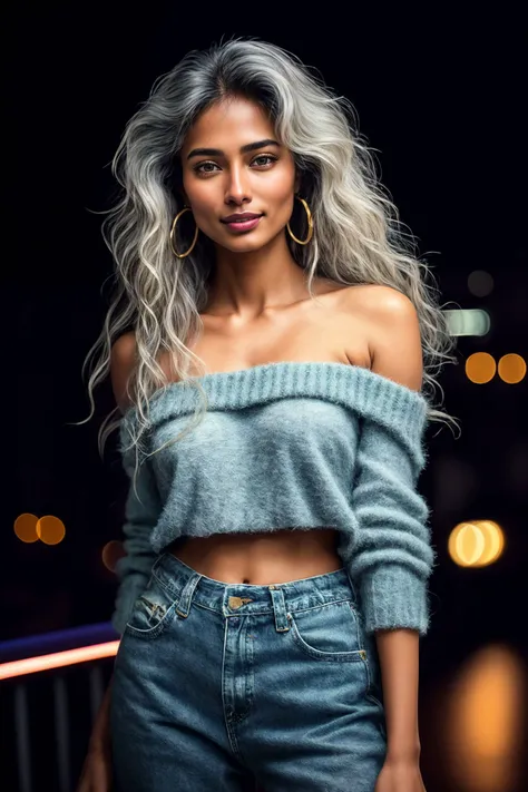 photograph of rajanicipher, an indian woman, smiling, platinum blonde big wavy hairsprayed 1980s hair, wearing off the shoulder fuzzy sweater, leg warmers, acidwashed jeans, hoop earrings, rollerskating at a crowded roller rink in the 1980s, disco lights, smoke, RAW photo, 8k uhd, dslr, soft lighting, high quality, film grain, highly detailed face, ultra detailed, masterpiece quality, Fujifilm XT3, Kodak  <lora:add_detail:0.3> <lora:LowRA:0.4>