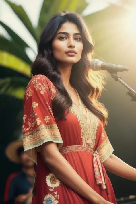 analog photo of RajaniCipher, an indian woman, with feathered hair, wearing a 1970s floral kaftan, hippy, flowing, glossy lipstick, god rays, golden-hour, singing on stage at an outdoor concert, festival, vibrant color film, masterclass, heavy (film grain), analog, Fujicolor 400, Nikon F401, 1970s colors