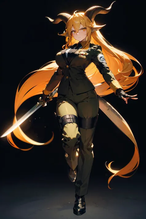 best quality,masterpiece,highres,solo,degenbrecher_arknights,(from front, looking at viewer,symmetry:1.3),
1girl,(mature female,solo,full body:1.4),(Delicate muscle lines:1.35),(very long hair),(angry,serious:1.3),(horns, long_hair, animal_ears, blonde_hair, goat_horns, goat_ears, bangs, hair_between_eyes, yellow_eyes, very_long_hair, goat_girl, breasts:1.15),(huge breasts:1.2),black_gloves,shirt,holding_sword,long_sleeves,military_uniform,thigh_strap,black_necktie,closed_mouth,v-shaped_eyebrows,armband,green_pants,black_jacket,black_pants,(simple background,black background:1.2),
<lora:ææ¥æ¹èé3å·[degenbrecher_arknights]degenbrecher_arknights:0.85:lbw=MIDD>,