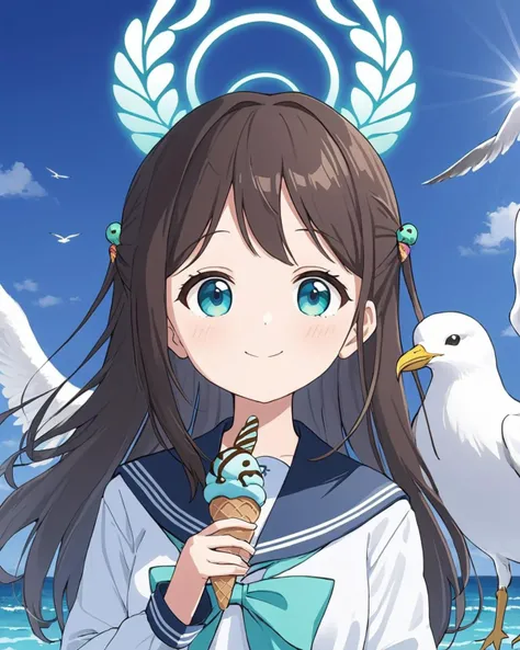 airi \(blue archive\),1girl, v, ice_cream, halo, serafuku, smile, solo, looking_at_viewer, hair_ornament, ice_cream_cone, seagull, blue_sailor_collar, holding, bow, long_sleeves, upper_body
<lora:airi_(blue_archive)_image186_2023-11-26-000030:1>halo. gorgeous,key visual, vibrant, studio anime,award-winning, professional, highly detailed,high budget, cinemascope