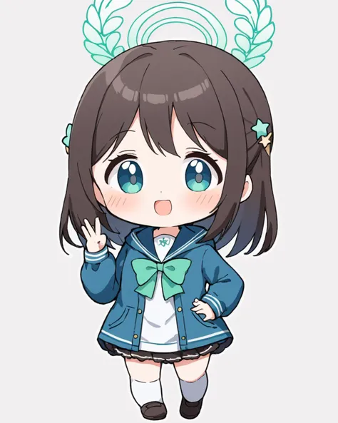 airi \(blue archive\),1girl, solo, white_background, open_mouth, green_bowtie, simple_background, :d, looking_at_viewer, full_body, v, standing, hand_on_hip, chibi, star_\(symbol\), arm_up, food, long_sleeves, blush_stickers, blush, hood_up
<lora:airi_(blue_archive)_image186_2023-11-26-000030:1>halo. gorgeous,key visual, vibrant, studio anime,award-winning, professional, highly detailed,high budget, cinemascope