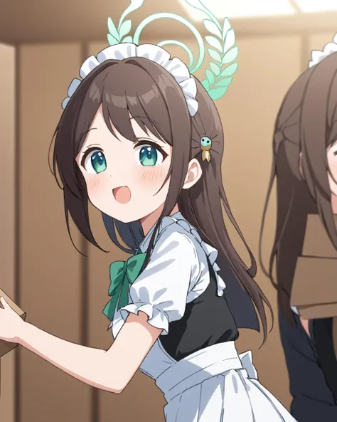 airi \(blue archive\), 2girls, maid_headdress, :d, blurry_background, black_dress, green_bow, halo, depth_of_field, white_apron, blush, maid_apron, cardboard_box, frilled_apron, open_mouth, enmaided, juliet_sleeves, looking_away, indoors, solo_focus, hair_ornament
<lora:airi_(blue_archive)_image186_2023-11-26-000030:1>halo. gorgeous,key visual, vibrant, studio anime,award-winning, professional, highly detailed,high budget, cinemascope