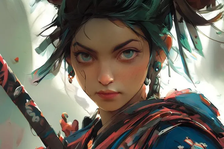 (NIJIFTB),
a woman with a sword in her hand and a hairdow in her hair, with a large, feathered headpiece, looks into the distance,