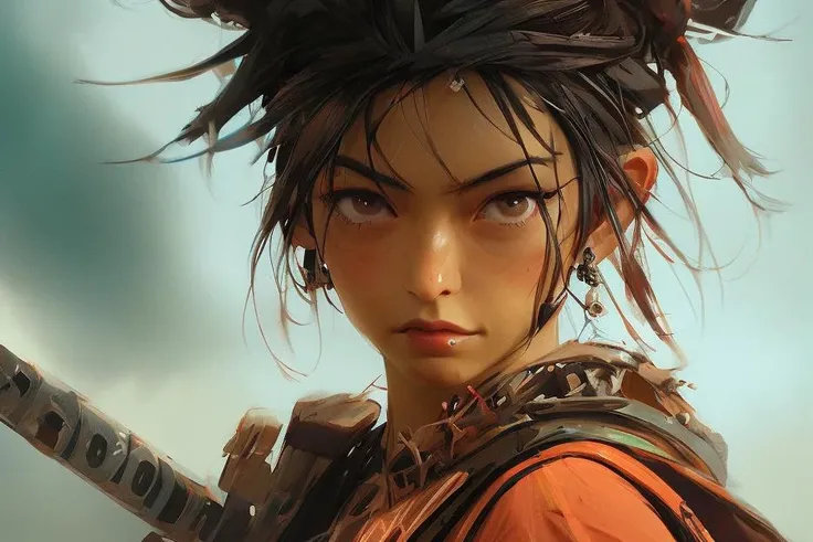 (NIJIFTB),
a woman with a sword in her hand and a hairdow in her hair, with a large, feathered headpiece, looks into the distance,