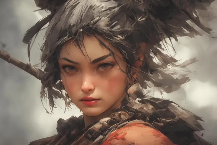 (NIJIFTB),
a woman with a sword in her hand and a hairdow in her hair, with a large, feathered headpiece, looks into the distance,