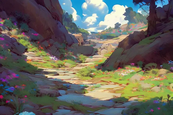 (NIJIFTB), 
a painting of a rocky path with flowers and rocks on either side of it and a sky background with clouds and sun shining through the trees and flowers,