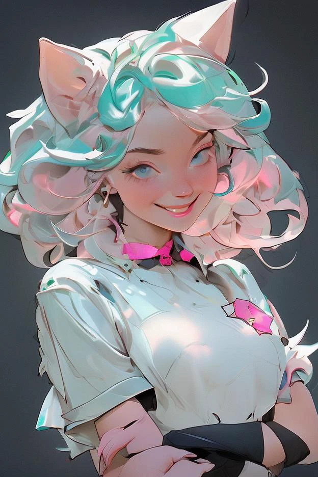 (NIJIFTB),
a cartoon character with pink hair and a cat ears on her head and a black cat outfit on her body and a pink collar and tail on her head,