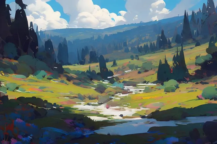 (NIJIFTB),
a painting of a couple of horses in a field with mountains in the background and a stream running through the grass and flowers in the foreground