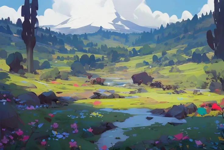 (NIJIFTB),
a painting of a couple of horses in a field with mountains in the background and a stream running through the grass and flowers in the foreground