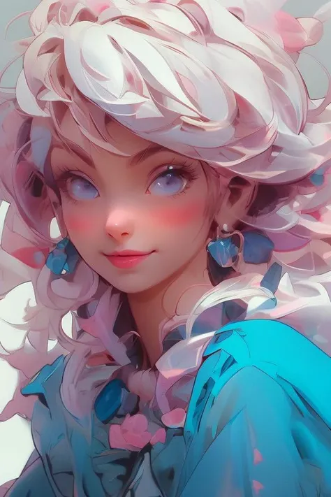 (NIJIFTB),
a cartoon character with a pink hair and blue eyes wearing a blue dress and pink earrings and a blue dress with pink flowers on it's shoulders,
