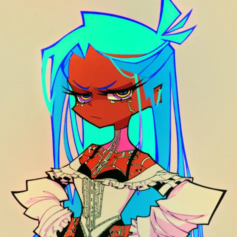 (score_9, score_8_up, score_7_up), masterpiece, , best quality, high quality, highres, cinematic shot, (cyberpunk ctiy, panorama,), Panty & Stocking style, Thick lineart, sharp edges
BREAK
portrait, 1women, dark-skinned female, solo, blue hair, smug,
BREAK
(cyborg, cybernetic neck, bionic torso, bionic skin:1), victorian dress
<lora:add-detail-xl:0.8> <lora:Perfect Hands:0.8> <lora:Panty__Stocking_Style:1>