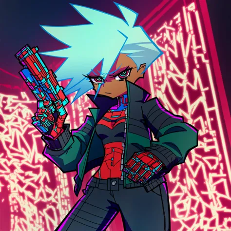 (score_9, score_8_up, score_7_up), masterpiece, , best quality, high quality, highres, cinematic shot, (neon lights, cyberpunk ctiy, panorama,), Panty & Stocking style, Thick lineart, sharp edges
BREAK
portrait, 1women, dark-skinned female, solo, blue hair, (holding gun to face:1.5),
BREAK
(cyborg, cybernetic neck, bionic torso, bionic skin:1), jacket, shirt, pants,
<lora:add-detail-xl:0.8> <lora:Perfect Hands:0.8> <lora:Panty__Stocking_Style:1>