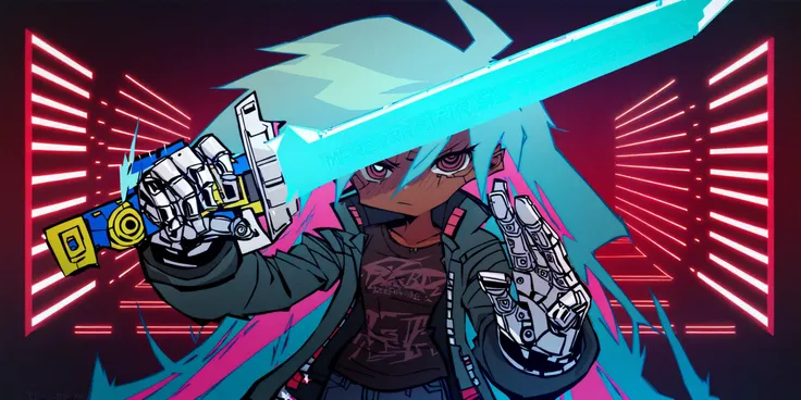 (score_9, score_8_up, score_7_up), masterpiece, , best quality, high quality, highres, cinematic shot, (neon lights, cyberpunk ctiy, panorama,), Panty & Stocking style, Thick lineart, sharp edges
BREAK
portrait, 1women, dark-skinned female, solo, blue hair, (holding cybernetic sword sideways of face:1.5),
BREAK
(cyborg, cybernetic neck, bionic torso, bionic skin:1), jacket, shirt, pants,
<lora:add-detail-xl:0.8> <lora:Perfect Hands:0.8> <lora:Panty__Stocking_Style:1>