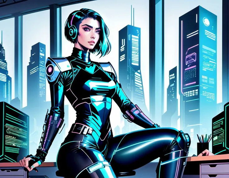 cyberpunk, nighttime, close up on schoolgirl computer hacker, cyborg cute Australian 20 year old undergraduate student wearing tight latex sitting at a university desk, three fourth perspective, cyber latex leggings, (lineart:2), (line art:2), (flat colors:1), (flat color:2), futuristic, midnight dystopian cityscape through the windows, <lora:lineartSDXL:1.00>