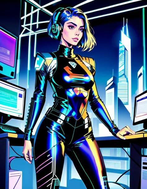 nighttime, close up on schoolgirl computer hacker, cute Australian 20 year old undergraduate student wearing tight latex sitting at a university desk, three fourth perspective, latex leggings, (lineart:2), (line art:2), (flat colors:1), (flat color:2), futuristic, midnight flat color abstract dystopian cityscape through the windows of the 100th floor, neon, noir, <lora:lineartSDXL:1.00>